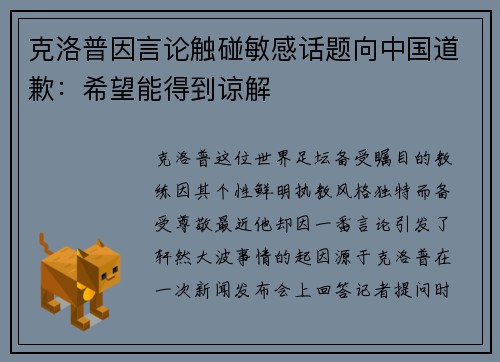 克洛普因言论触碰敏感话题向中国道歉：希望能得到谅解